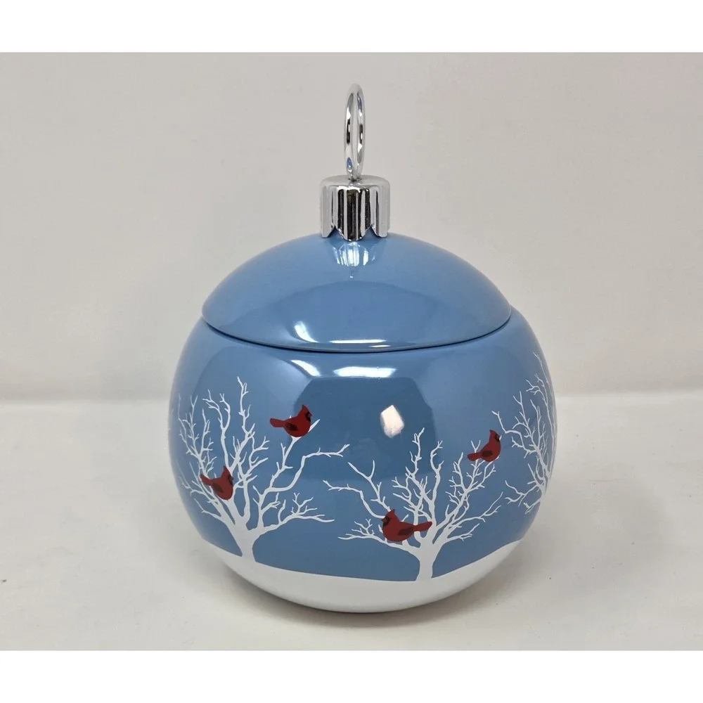 Teleflora Cardinals in Snow Blue Ceramic Ornament Jar Lidded Christmas 8